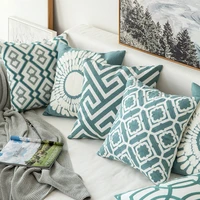 blue green geometric diamond embroidery cushion cover cotton canvas crochet pillowcase sofa bedside car decoration pillow cover