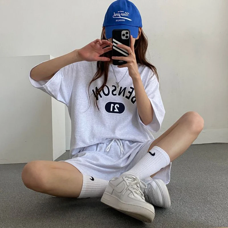 

Women Clothing Two Piece Sets Short Sleeve T shirt Top Shorts Casual Female Sporty Outfit Running Gym Suit Korean Style Summer