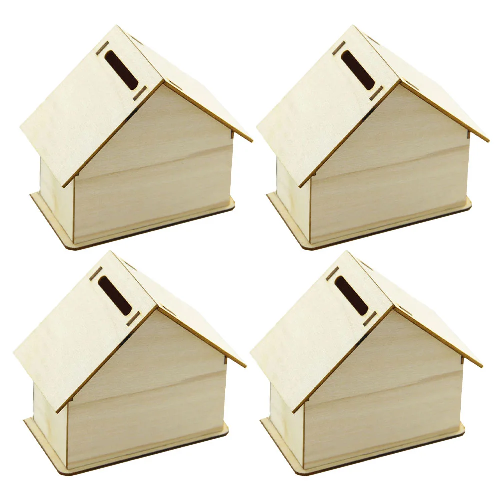 

Wooden House Storage Box DIY Painting Blank Wood Holder Money Candy Container Desktop Home Box (Wood Color)