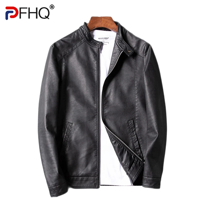 

Новинка 2023, осенне-зимняя кожаная модная одежда PFHQ, мужские мотоциклетные куртки с воротником-стойкой и искусственным мехом, модная Повседн...
