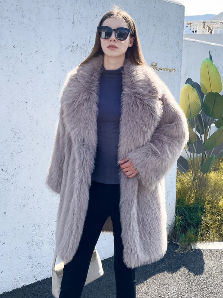 Fashion Suit Collar Loose Faux Fur Mid-length Coat Women 2022 Winter Elegant Furry Fur Outwear Casual High Street Teddy Coats