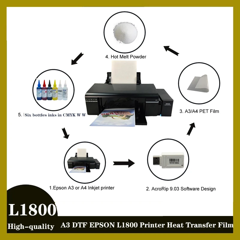 A3 DTF EPSON L1800 Printer Heat Transfer Film Printer Tshirts Sublimation Machine With PET FILM White Color Ink Fastshipping