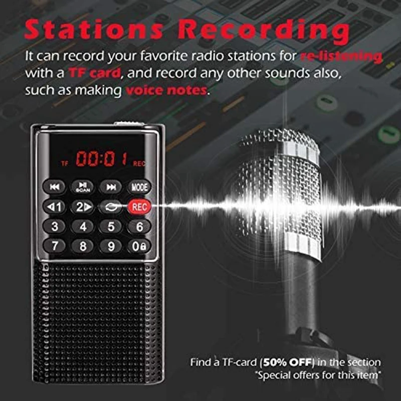 Карманное FM-радио Walkman портативное аккумуляторное радио с рекордером кнопкой