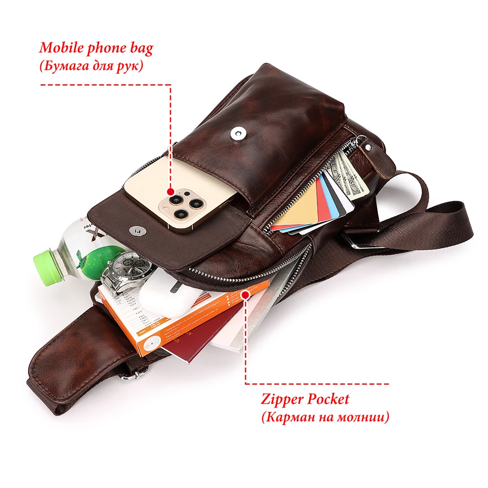 HUMERPAUL Genuine Leather Chest Bag for Men Anti-thef Travel Shoulder Bag Luxury Designer Male Satchel Sling Bag High Quality
