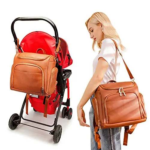 7-in-1 Baby Diaper Bag Solid PU Leather Mummy Maternity Bag Large Capacity Travel Back Pack Stroller Bags with Changing Pad images - 6