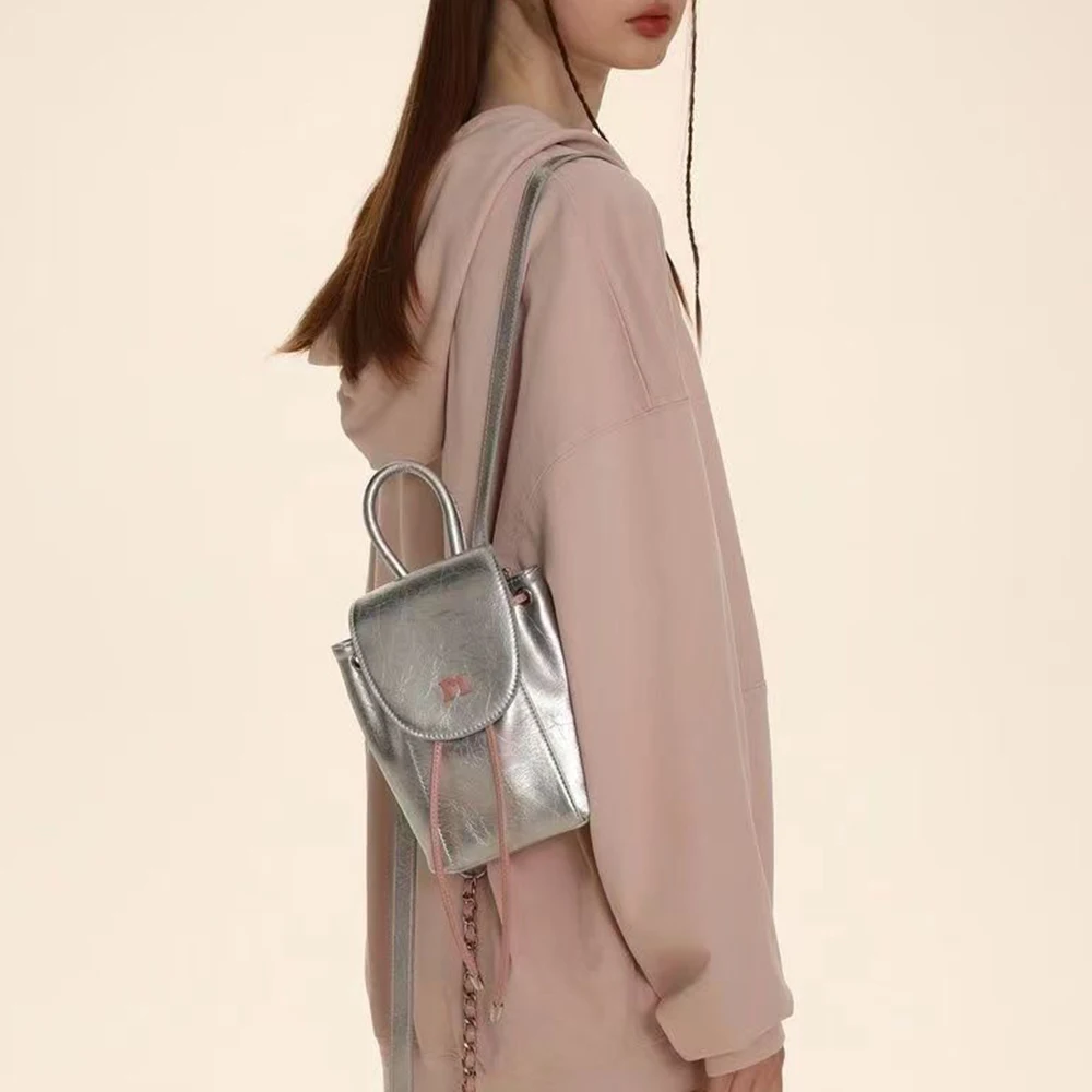 Metallic Silver Backpack Women Chains Shoulder Bag Mini Designer Backpack Fashion Drawstring Bags for Women 2023 Ladies Book Bag