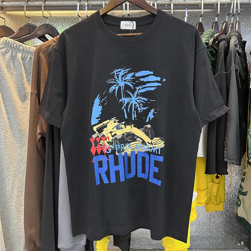 New Racing Print T Shirt Short Sleeve with Tags Rhude Anime Clothes Summer Rhude Logo T-Shirts Men Women Casual Couple Tees