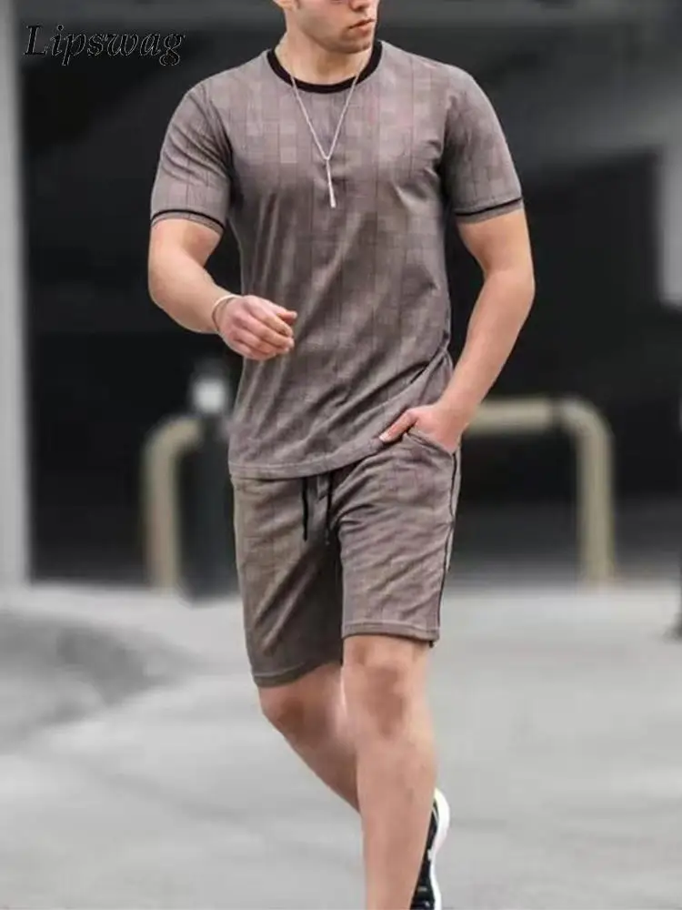 

Men Clothing Plaid Printed Two Piece Sets Summer Short Sleeve O Neck T-Shirts And Drawstring Shorts Suits Slim Fit Mens Outfits