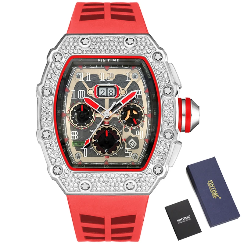 

PINTIME Military Man Mens Sliver Wrist Watch Clock Male zegarek meski montre Quartz Watch Men Luxury Chronograph Hip Hop Watches