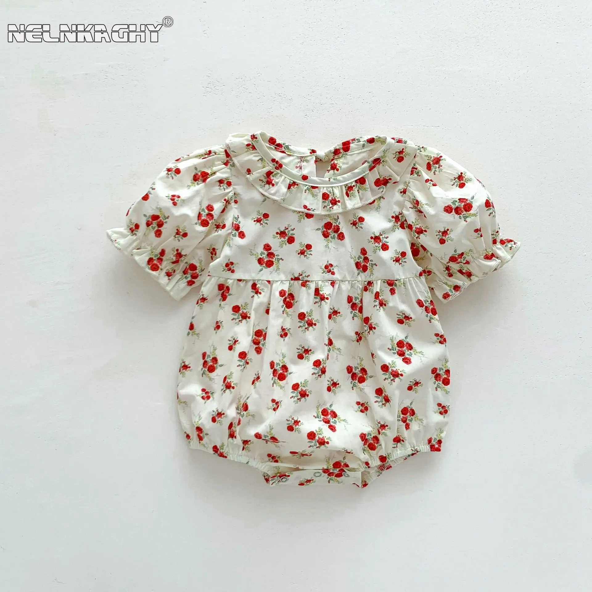 

2023 new in summer newborn baby girls short sleeve print rose outdoor clothing kids infant jumpsuits pure cotton bodysuits