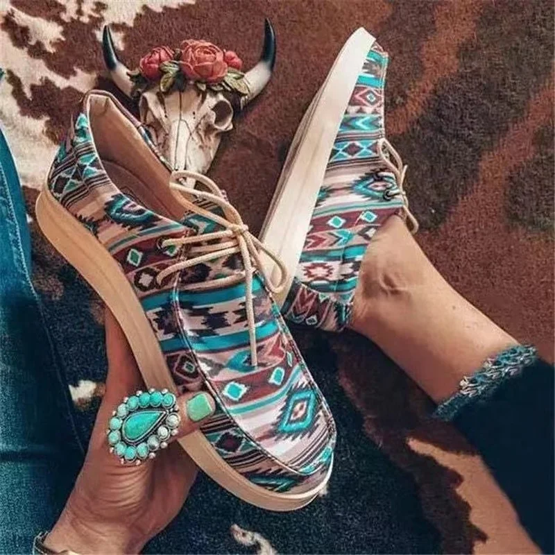 

Shoes for Women 2022 New Fashion Plus Size Loafers Womens Lace Up Casual Shoes Women's Ethnic Style Printing Flats Zapatos Mujer