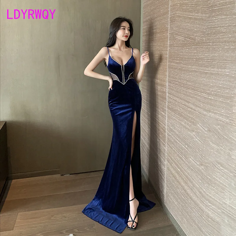 2022 Deep V low cut sexy halter with floor mop long fashion lady slim slit pendant dress images - 6