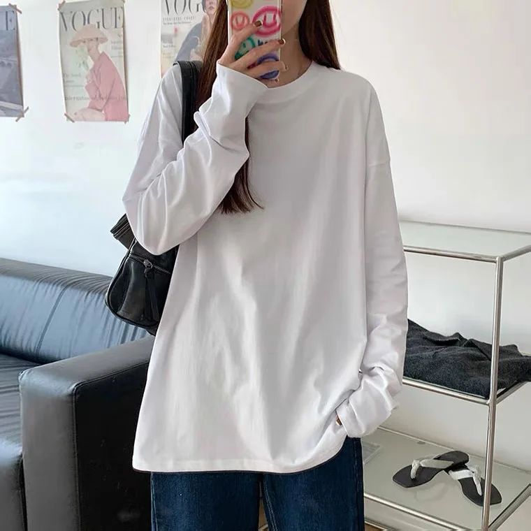 

2022 New 200g High Quality Cotton Spring Black White Round Collar Long Sleeved T-shirt for Woman and Man Large Size 5XL T-shirt