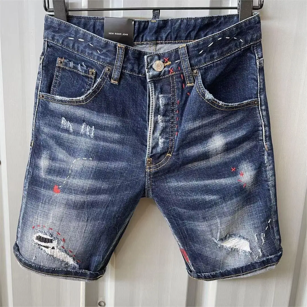 

2023 new fashion tide brand men's washing worn out torn paint locomotive jeans D096