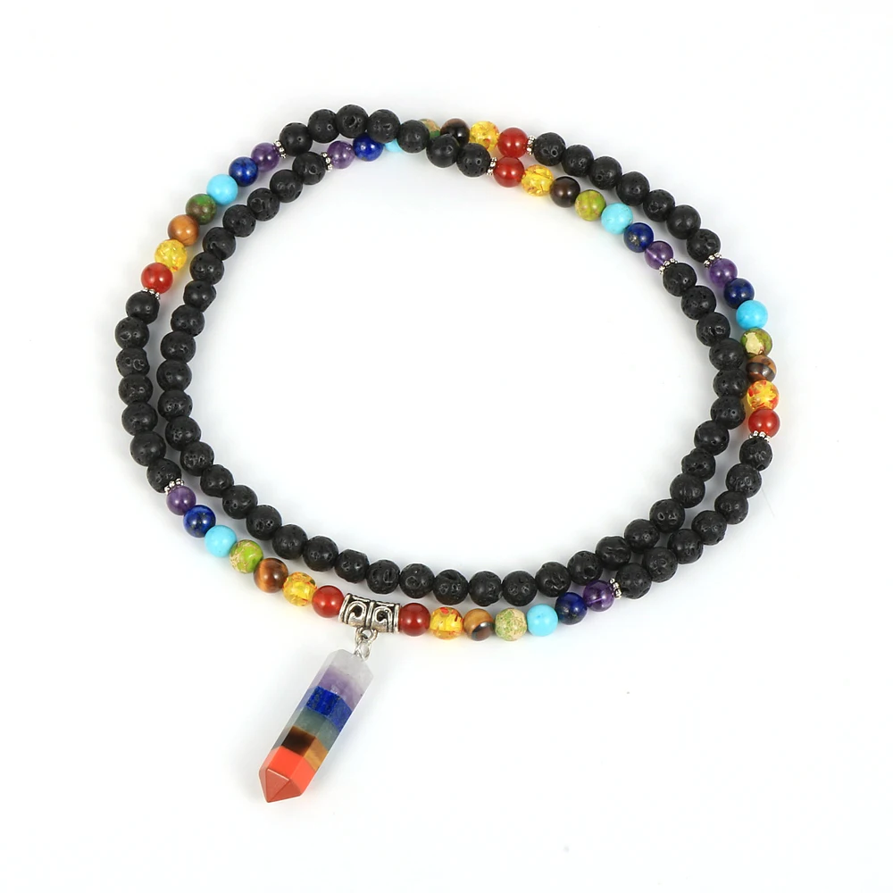 

Reiki 7 Chakra Bullet Hexagonal Pendant Necklace For Men Women 108pcs 6mm Natural Stone Beaded Long Necklaces Buddhist Rosary