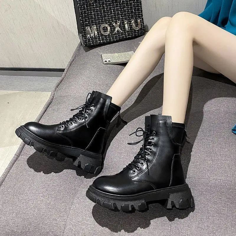 2022 Autumn New Lace Retro Motorcycle Boots Women British Thick Heel Platform Boots Women Shoes PU Round Toe Ankle Boots Winter