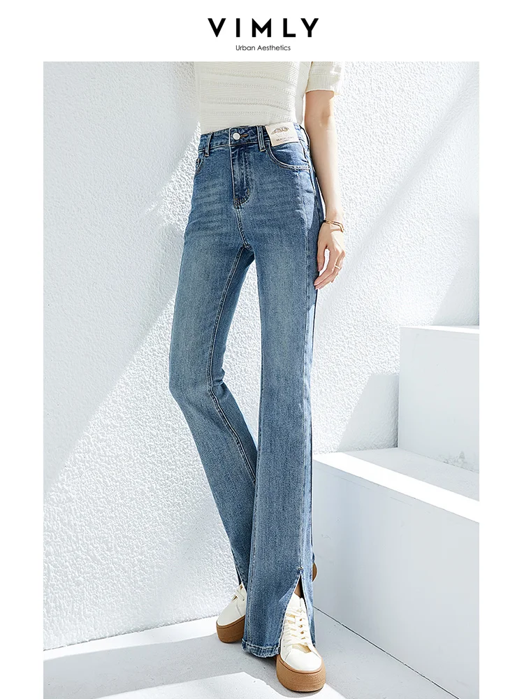 

Vimly Soft Slit High Waist Boot Cut Jeans for Women 2023 Fashion High Street Full Length Blue Cotton Denim Pant Female Trousers