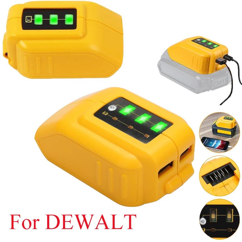 Фото Для DEWALT 14,4 В 18 В 20 В литий-ионный аккумулятор, преобразователь устройства, адаптер для зарядки, источник питания для Dewalt Dual USB-конвертер DCB090 USB №1