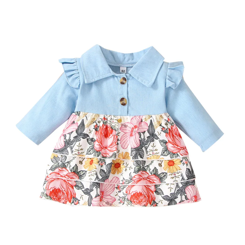 

Джинсовое лоскутное платье-трапеция для маленьких девочек, милое Повседневное платье с цветочной оборкой для новорожденных 0-24 м, Весенняя ...