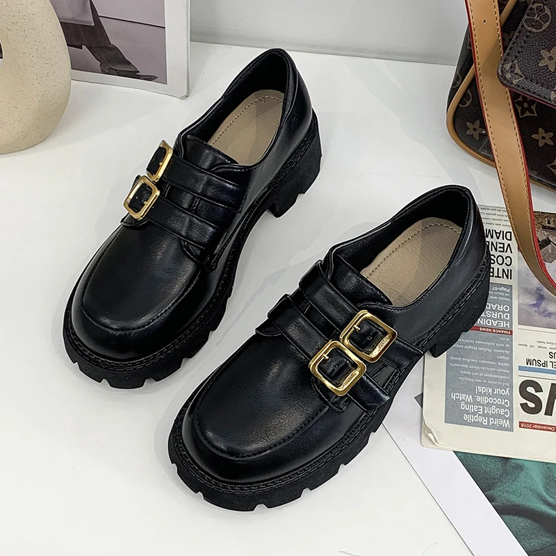 

Женские туфли на платформе, кожаные туфли на толстой подошве, новинка 2021, модные Универсальные Туфли с круглым носком на толстом каблуке, же...