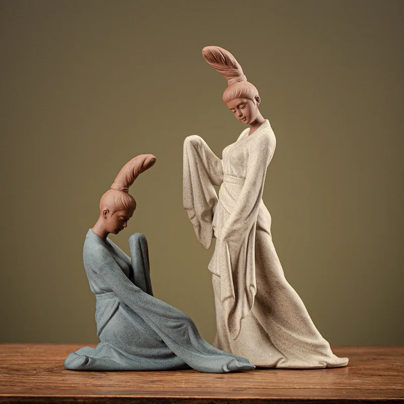 

Дзен китайский древние танцующие девушки Красивая Искусственная фигурка ремесла керамический фиолетовый песок чайная комната украшения подарок