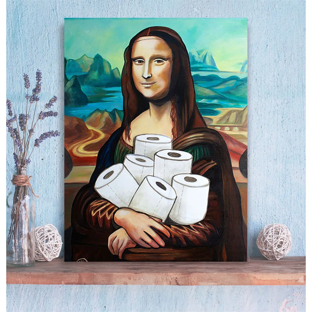 

Canvas Art Funny Mona Lisa Art Painting Holding Toilet Paper Bath Towel Mural Poster Living Room Home Decoration Cuadros