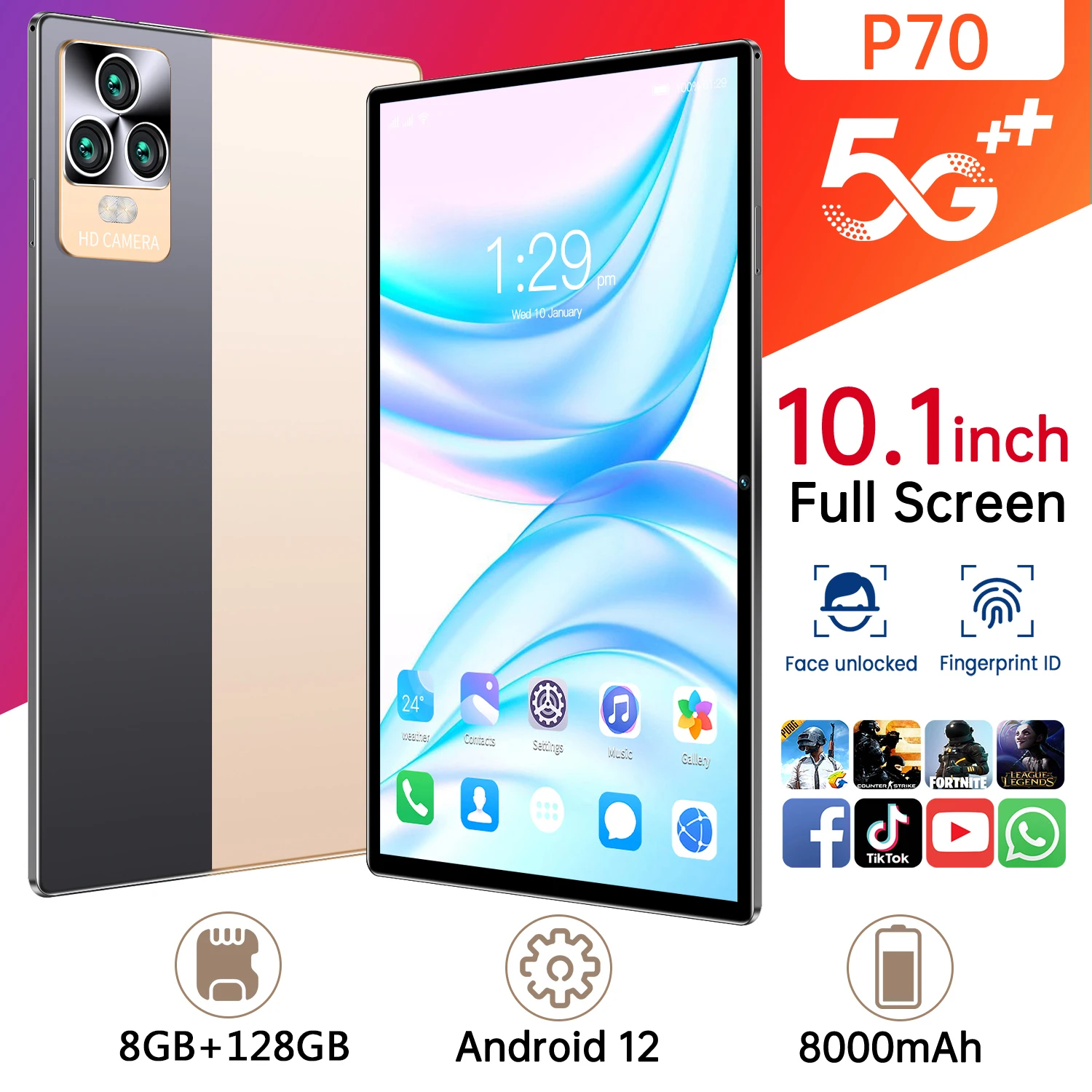 

Tablet PC 10.1inch 5G Network 8GB RAM 128GB ROM Android 12 GPS 8000mAh Ten Core Dual SIM Card IPS Full Screen tablets Phone Call