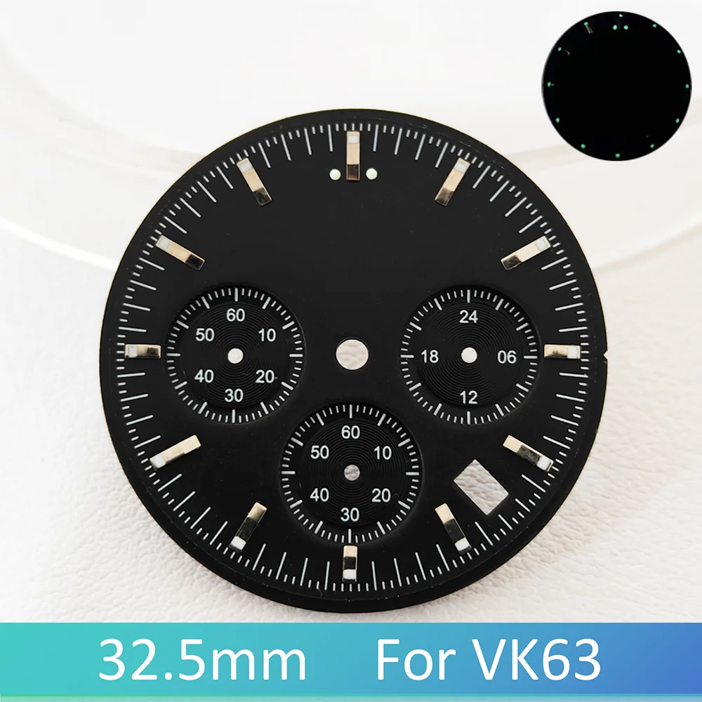 Фото 32,5 мм для циферблата VK63 C3, зеленая светящаяся высококачественная с окошком календаря, подходит для корпуса из минерального хрустального стекла, аксессуар для часов №1