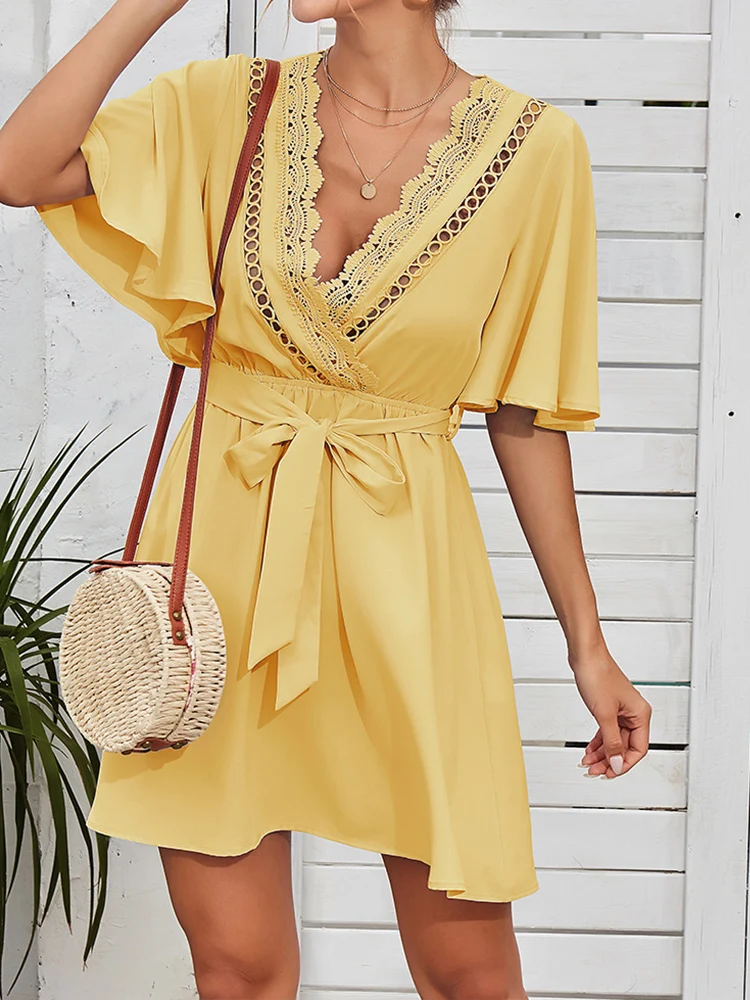

Solid Spring 2022 New Dress Women Lace Patchwork Hollow Dress Elegant ChicV Neck Office Ladies Dress High Waist Lace Up Dress