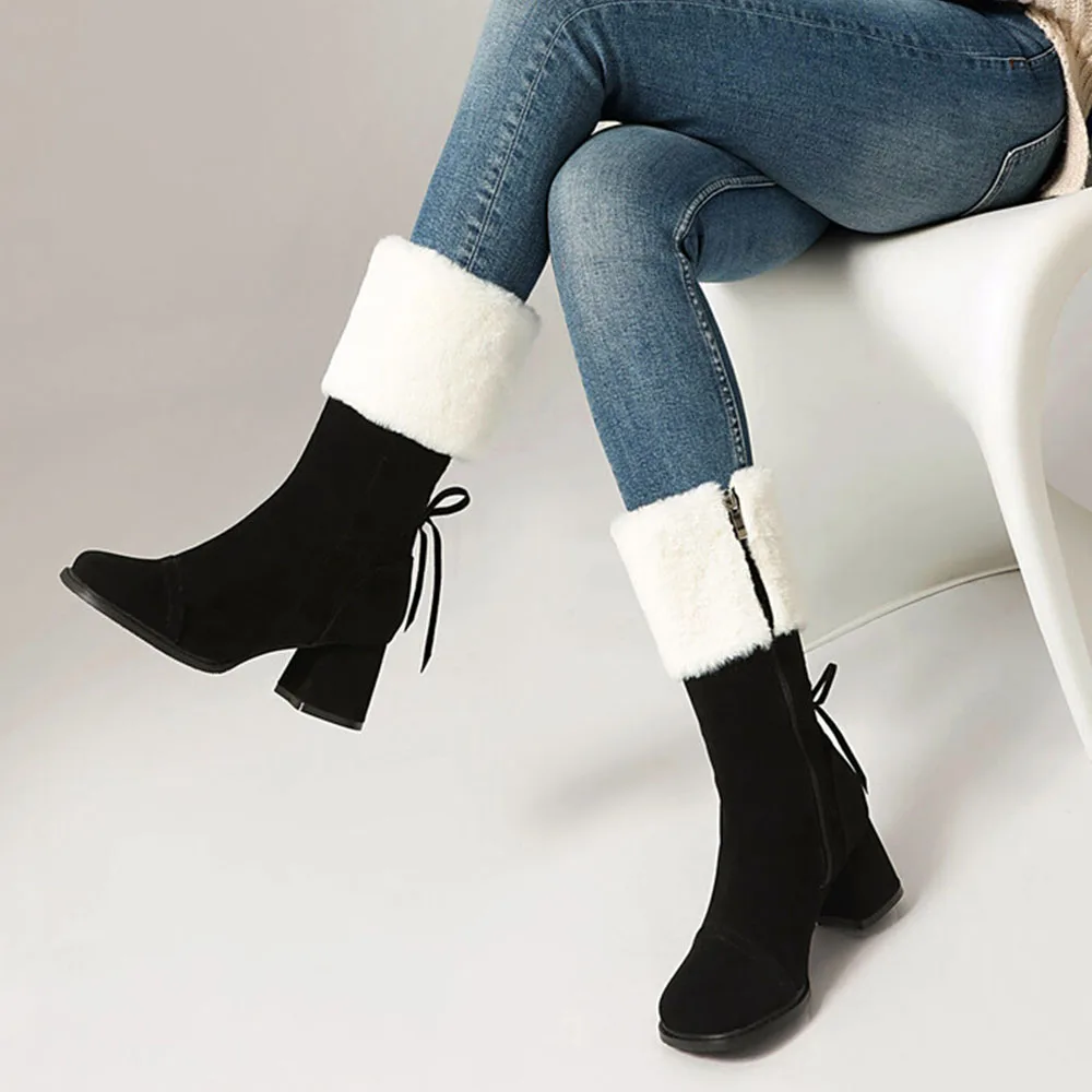 GIGIFOX Хутряные зимние теплые ботинки из флока на массивном высоком каблуке с