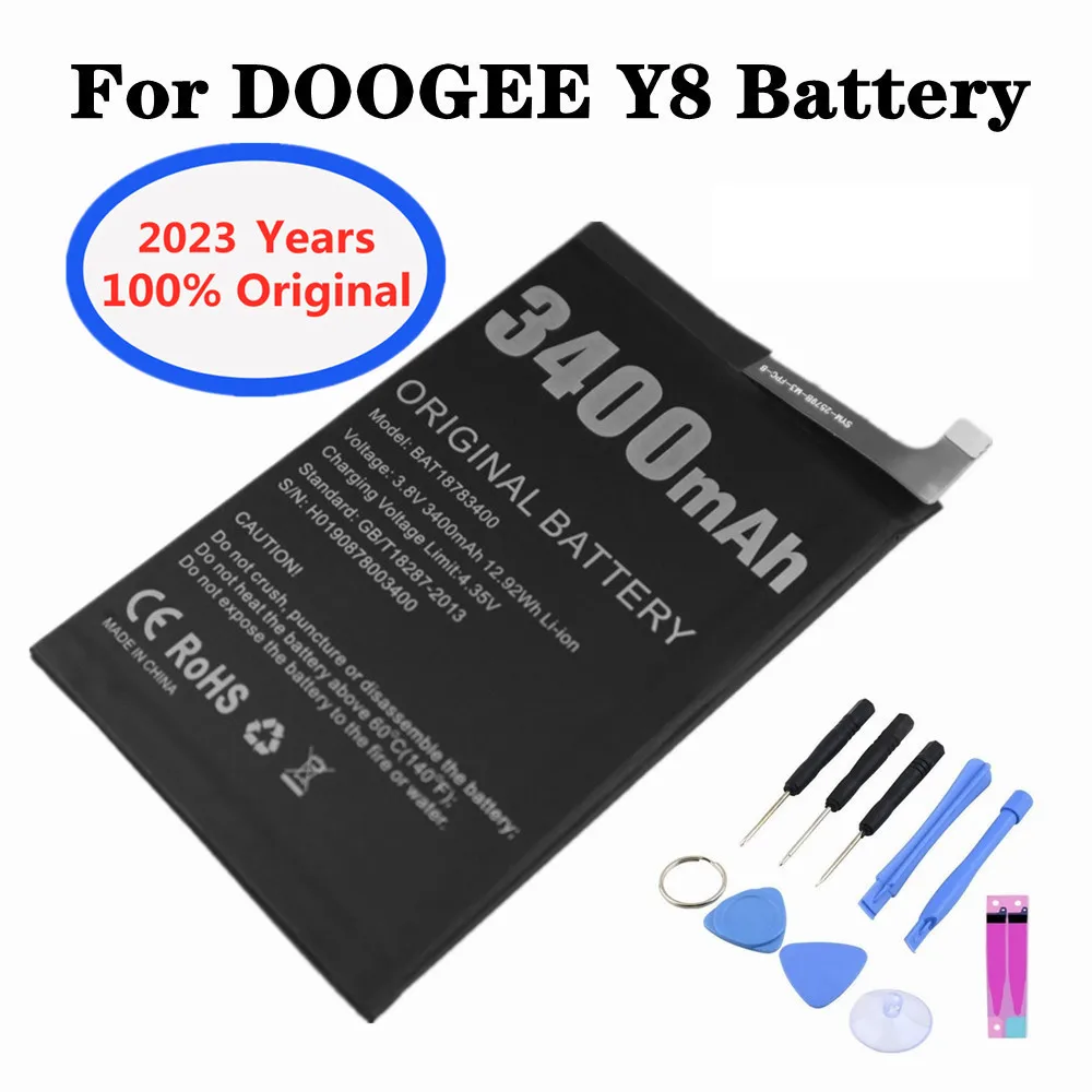 

2023, 100% оригинальный аккумулятор Для DOOGEE Y8 BAT18783400, аккумулятор большой емкости 3400 мАч, длительное время работы в режиме ожидания, аккумулятор и инструменты