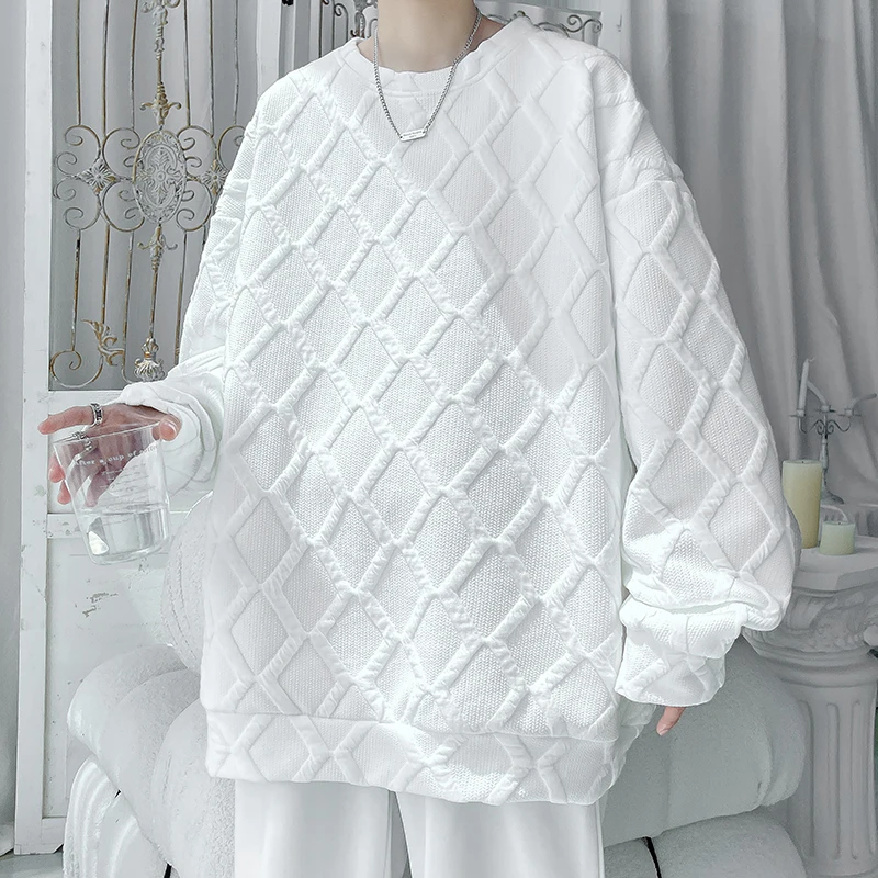 

Men Rhombus Design Sweatshirts 2023 Autumn Korean Harajuku Fashion Long Sleeve Hoodie Male Casual O Neck Oversized Pullovers