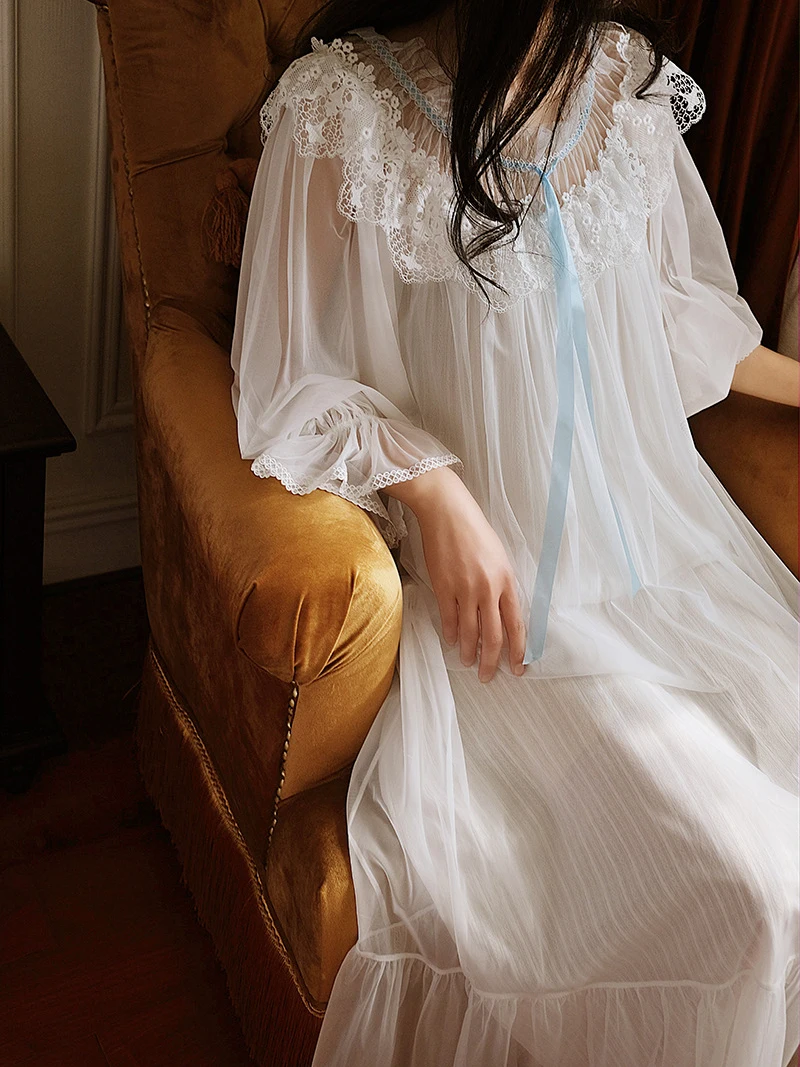 Women Spring Autumn Romantic Long Night Dress Tulle Nighty Lace Peignoir Victorian Vintage Nightgowns Sleepwear Bridesmaid Robes