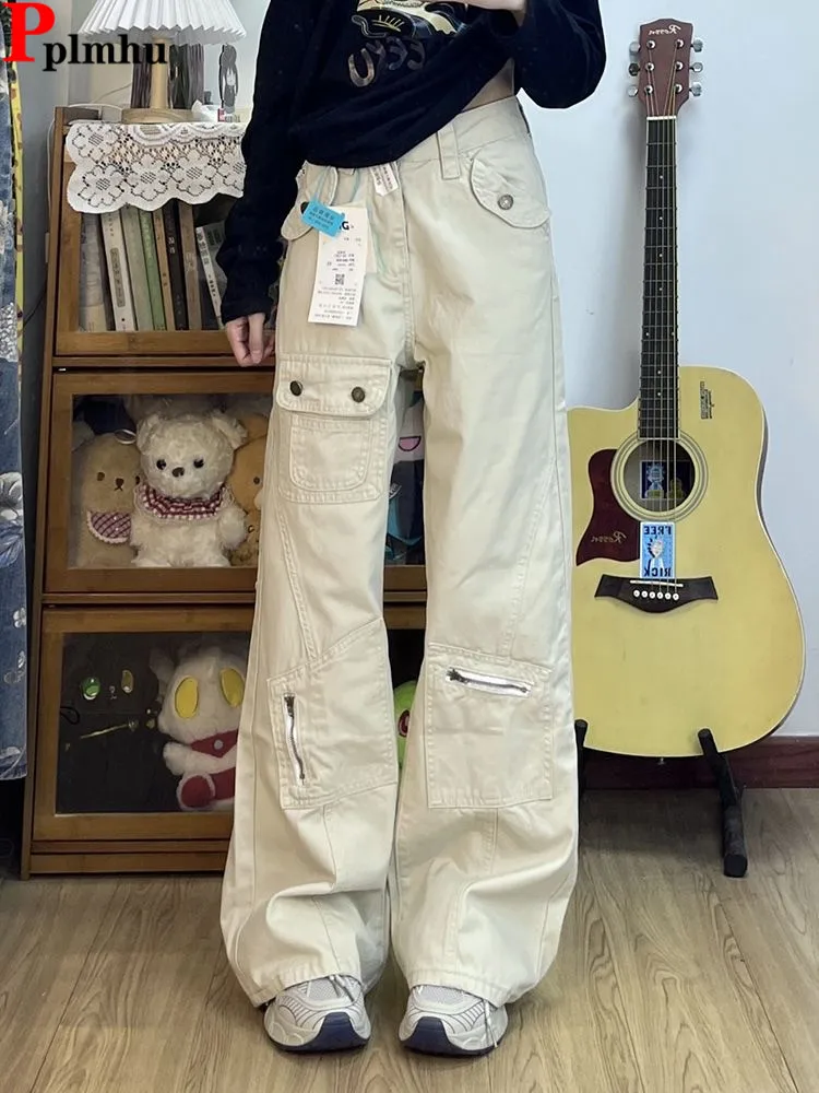 Бежевые брюки-клеш брюки-карго повседневные корейские модные дизайнерские брюки