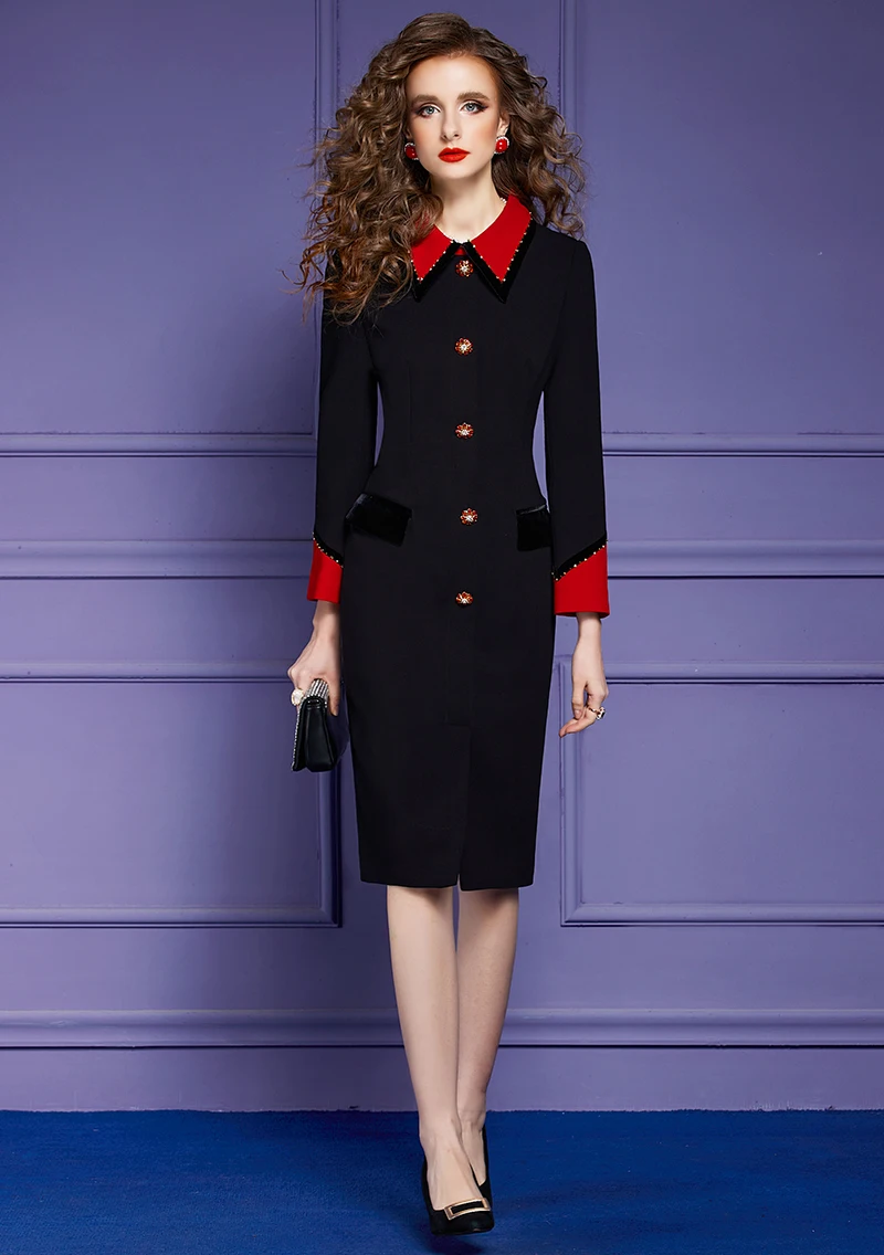 Купи Elegant Luxury Beading Dress Spring Autumn Women Fashion Color Block Crystal Buttons Vintage Straight Office Work Wear 5XL Robes за 5,506 рублей в магазине AliExpress