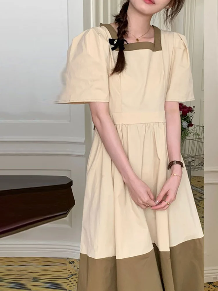

Korean Chic Summer Vestido Square Neck Tie-back Bow Beautiful Clothing Puff Sleeve Sweet Women Dress Contrast Color Design G562