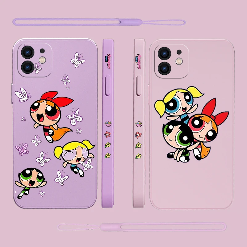 

Powerpuffs Phone Case For iPhone 14 13 12 11 Pro Max Mini X XR XS MAX SE20 8 7 Plus 6 6S Plus Silicone Cases with Hand Strap