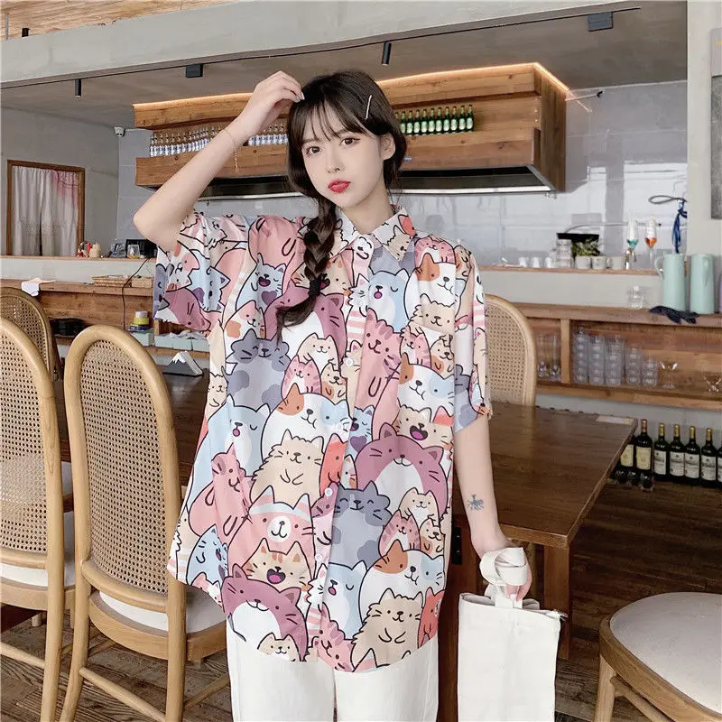 

Deeptown Kawaii Button Up Shirt Animal Cat Print Blouse Women Japan Style 2023 Summer Hawaii Graphic Cardigan Casual Cute Tops