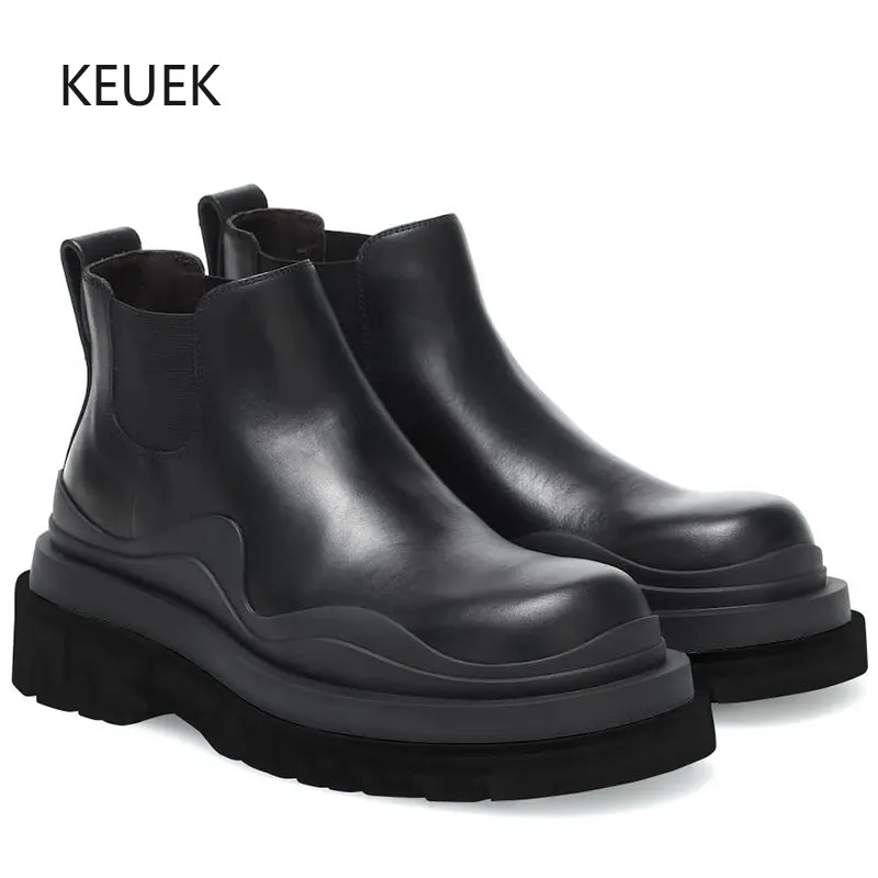 

Luxury Design Men's Chelsea Boots Thick Sole Heightening British Casual Breathable Genuine Leather Ankle Boots Botas Hombre 2C