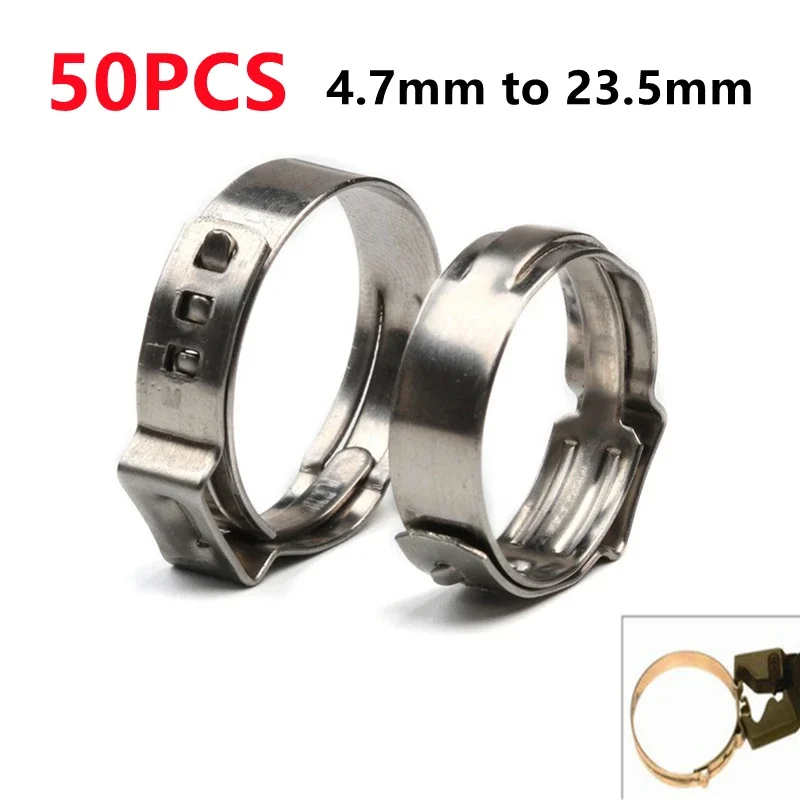 

50 шт. хомутов для шлангов с одним ухом 4,7-23,5 мм, хомут из нержавеющей стали 304, инструмент для обжима кольца, бесступенчатый хомут для шланга