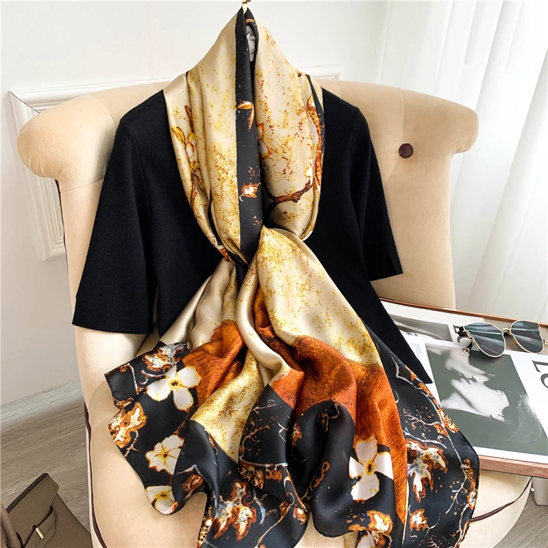 

Luxury Design Silk Scarf Women Hijab Muslim Headscarves Print Shawl Wraps Foulard Female Bandana Lady Beach Stoles Muffler 2022