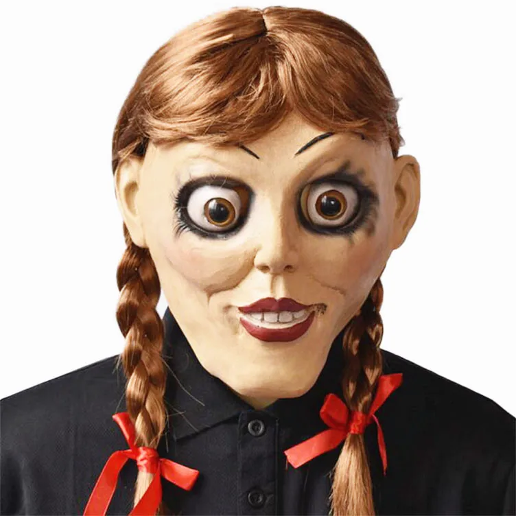 Halloween Annabelle Cosplay Mask Latex Cosplay Annabel Doll Scary Movie Adult Full Head Latex Wigs Ponytails Party Mask