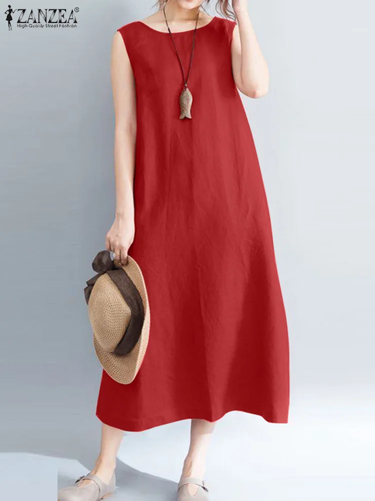 

2023 ZANZEA Vintage Summer Sundress Women Fashion O Neck Sleeveless Casual Loose Mid-calf Dress Elegant Beach Holiday Vestidos