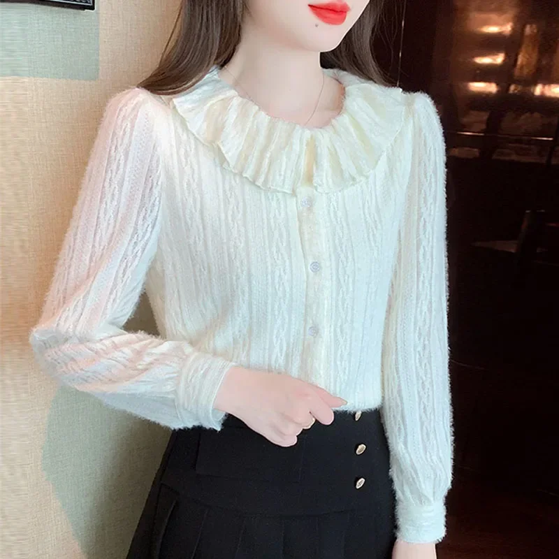 Модная женская рубашка с длинным рукавом и кукольным воротником кружевная