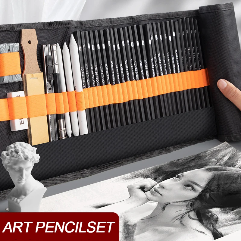 27/38/47 Pieces Sketch Pencils Set with Roll Up Canvas Pen Bag Art Drawing Painting Charcoals Kneaded Eraser Sketching Kit