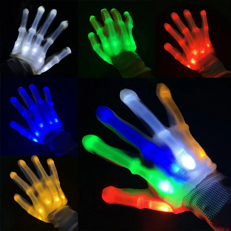 

1 Pair Halloween Skeleton Mitten LED Hand Bone Glowing Gloves Colorful Glow In The Dark Glove Holiday Stage Costume Supplies