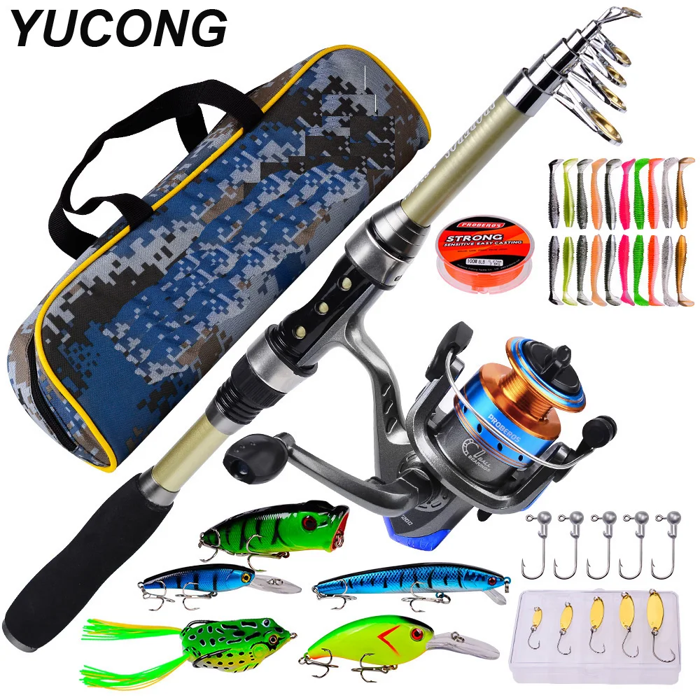 YUCONG 1.8M Carbon Telescopic Fishing Rod Combo Spinning Reel Line Lures Hooks Rod Full Fishing Kit for Travel Bass Pike Pesca