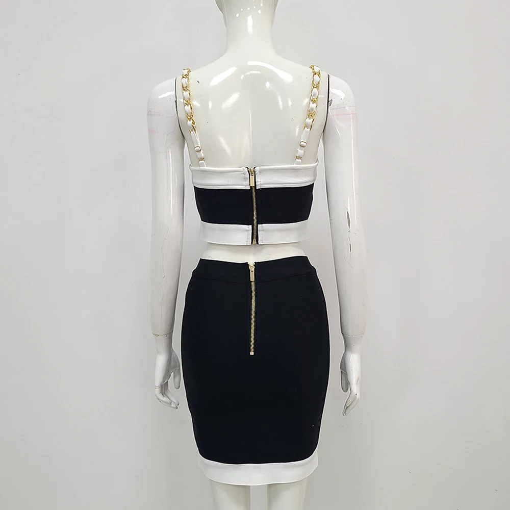 Ailigou 2022 New Summer Sexy Tight-Fitting 2-Piece Patchwork Black White Sleeveless Gold Button Mini Bag Hip Skirt Women'S Set images - 6