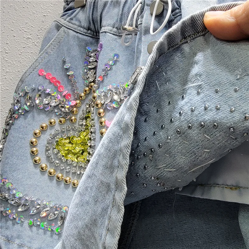 2023 Summer New Exquisite Rhinestone Beaded Sequins Short Pants High Waist Slimming Wide-Leg Denim Shorts Jeans for Women