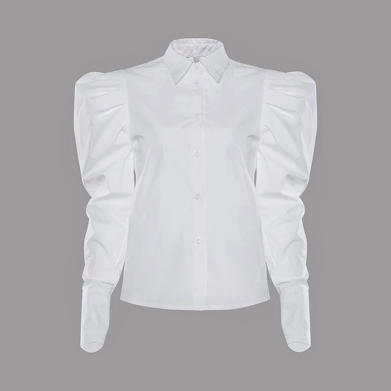 Puff Sleeved Women White Shirts Summer New 2021 Solid Long-Sleeved Slim Elegant Office Lady Elegant Outwear Tops enlarge